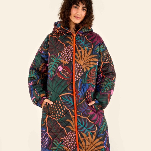 FARM RIO Blue Cool Leopard Long Reversible Puffer Jacket Coat Tropical - Picture 3 of 14